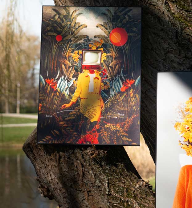 Twee surrealistische prints hangen aan een boom in het park – links een figuur met een tv-hoofd in een tropisch landschap, rechts een portret met gele bloemen in plaats van een gezicht
